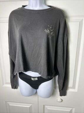 Urban Nation Washed Long-Sleeve Cropped Tee with Celestial Print